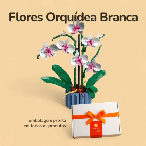 Flores Orquídea Branca com Vaso - 608 peças - Caixa