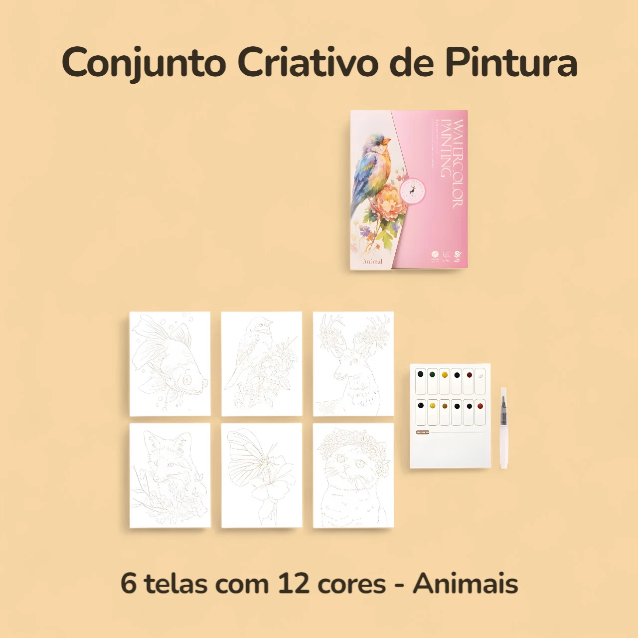 Conjunto Criativo de Pintura 6 telas com 12 cores - Animais