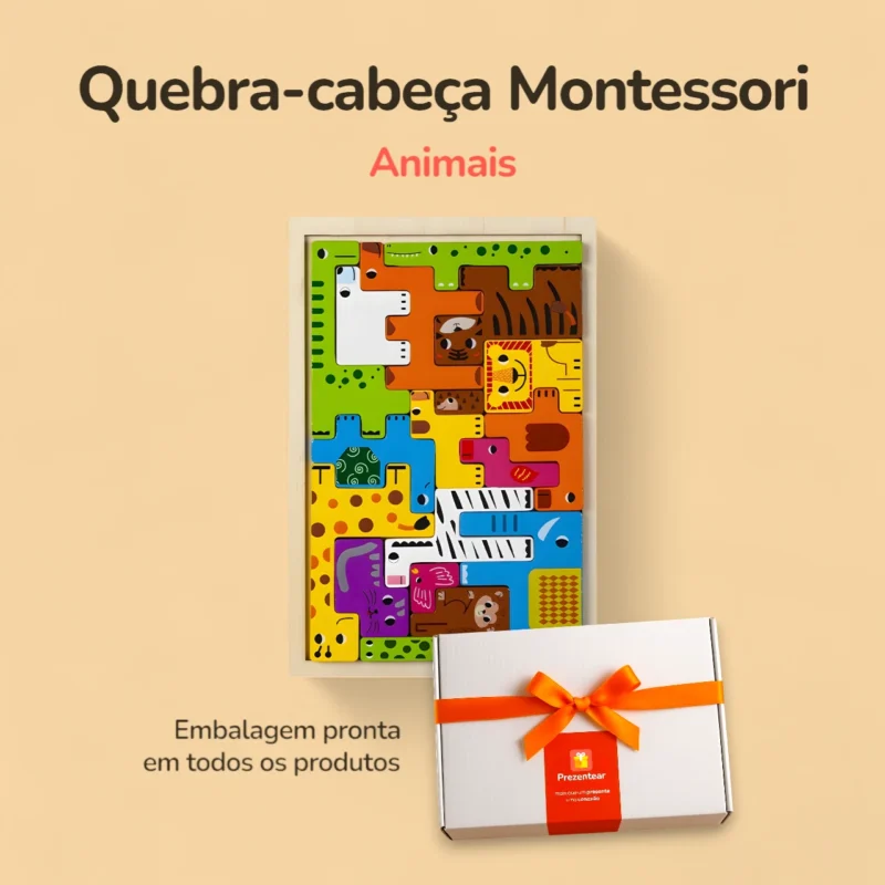 Quebra-cabeça Montessori Blocos de madeira - Animais - Caixa