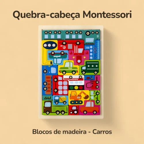 Quebra-cabeça Montessori Blocos de madeira - Carros