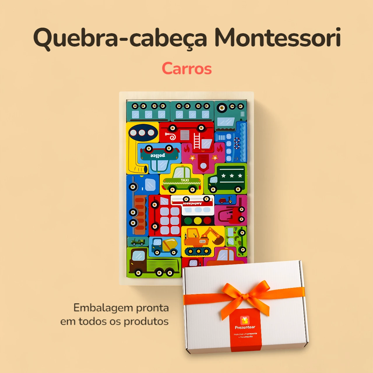 Quebra-cabeça Montessori Blocos de madeira - Carros - Caixa Quebra-cabeça Montessori Blocos de madeira - Carros - Caixa