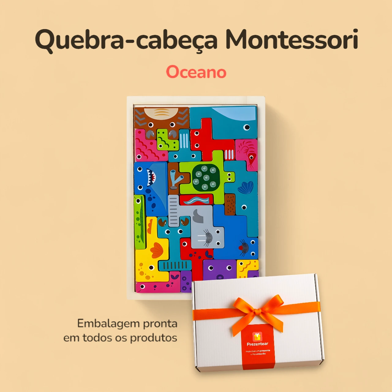 Quebra-cabeça Montessori Blocos de madeira - Oceano - Caixa Quebra-cabeça Montessori Blocos de madeira - Oceano - Caixa