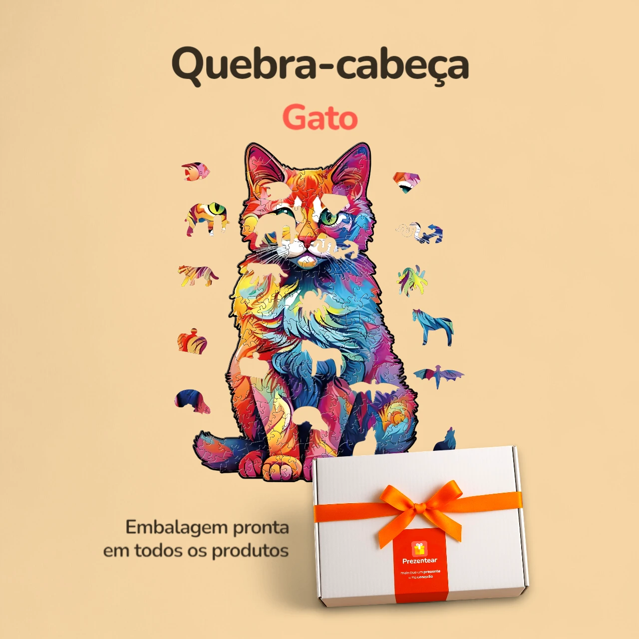 Quebra-cabeça Gato c/ Formas Variadas - Grande - 180 peças - Caixa